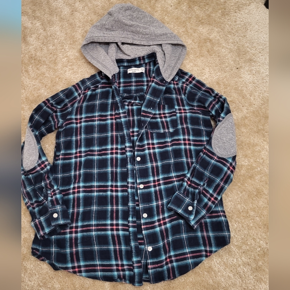 Abercrombie Kids Blue Plaid Button Down Shirt with Gray Hood